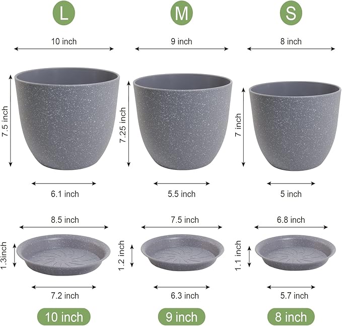 WOUSIWER Plant Pots 10/9/8 inch, Set of 3 Modern Decorative Plastic Planters with Drainage Holes and Saucers for House Plants Indoor Flowers Plants, Grey Speckles