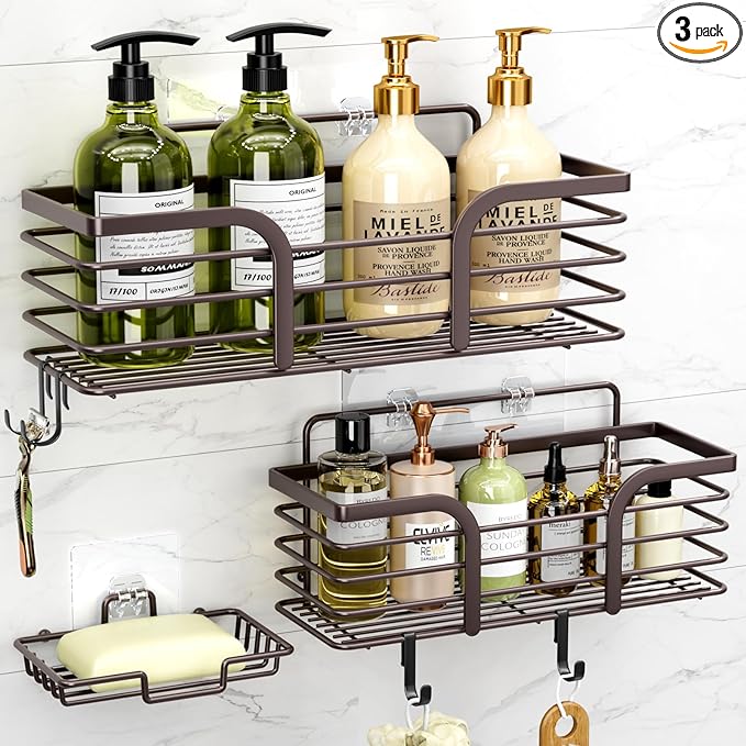 Yougai Shower Caddy 3 Pack, No drilling Stainless Steel Hanging Shower Organizer Set, Strong Adhesive Shower Organizer for Bathroom Storage, Waterproof & Large Bearing Weight Organizer Shelf, Brown