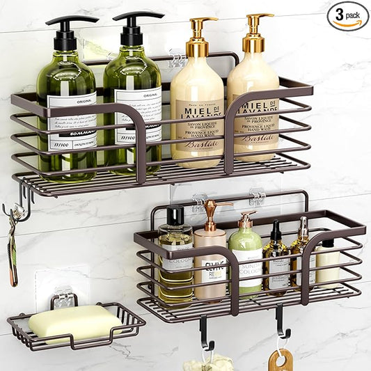 Yougai Shower Caddy 3 Pack, No drilling Stainless Steel Hanging Shower Organizer Set, Strong Adhesive Shower Organizer for Bathroom Storage, Waterproof & Large Bearing Weight Organizer Shelf, Brown