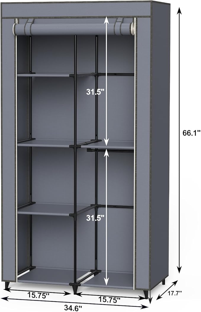 Portable Closet, Wardrobe Closet with 6 Storage Shelves and 2 Hanging Rods, Non-Woven Fabric Cover, 34.6 x 17.7 x 66.1 Inches Closet Organizer for Bedroom, Gray