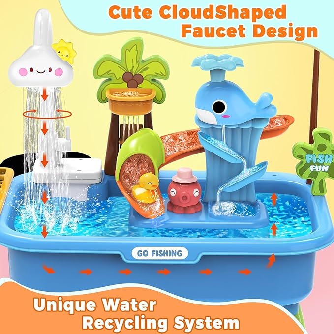2026 Upgraded Water Table for Toddlers 1-3, Water Table with Pump,Toy Kitchen Sets for Kids Ages 4-8, with Detachable Legs, Play Sink with Electric Faucet, Includes Play Vegetables and Fishing Game