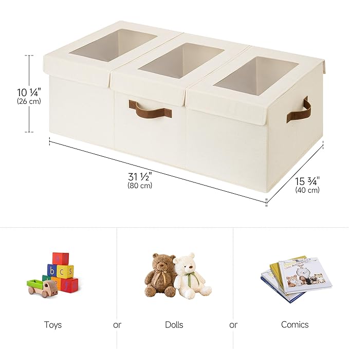 StorageWorks Large Toy Storage Bins with Lids, Collapsible Sturdy Toy Chests, Storage Chests with Dividers for Nursery, Living Room, Playroom, Bedroom, Beige