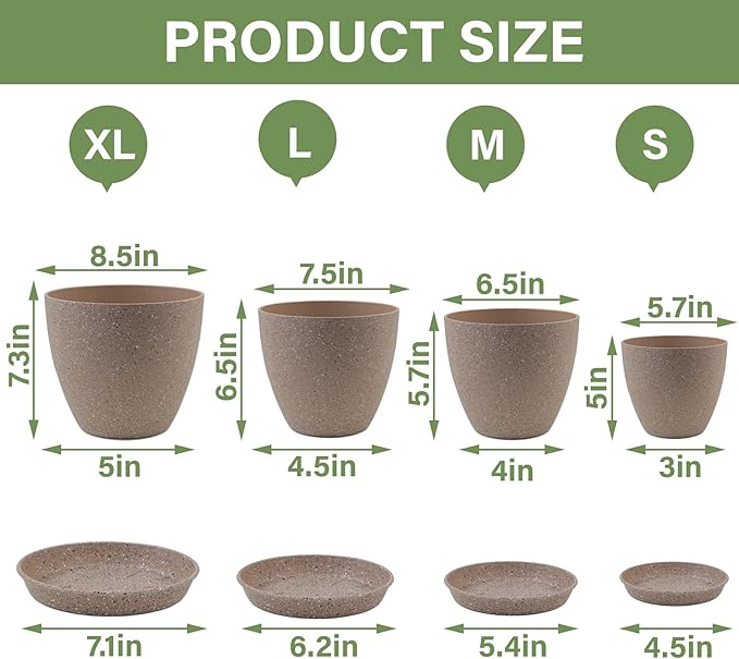 Plant Pots- 8.5/7.5/6.5/6 Inches 4 Pack Plastic Planters,Indoor Decor Flower Pots with Drainage Holes and Tray,Home Decor Flower pots for Indoor Plants Cactus, Succulents