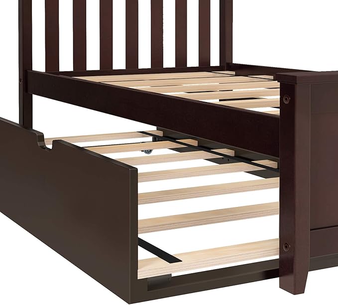 Max & Lily Twin Bed, Wood Bed Frame with Headboard For Kids with Trundle, Slatted, Espresso