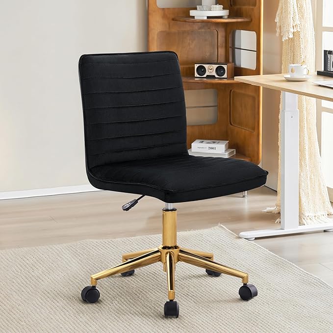 Furnimart Black Swivel Armless Desk Chair with Wheels, Small Velvet Upholstered Home Office Chair Mid-Back Adjustable Chair for Bedroom Dorm Living Room (Velvet-Black)