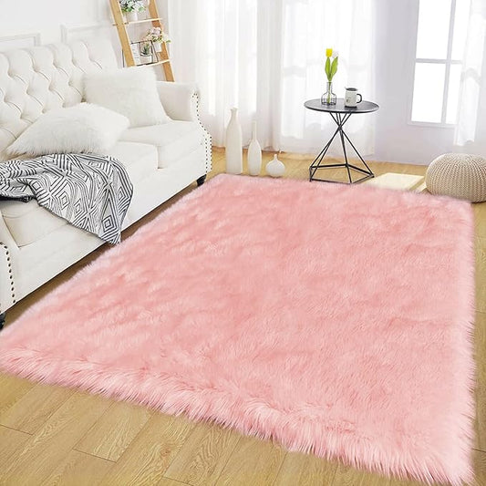 Latepis Pink Bedroom Rug 4x6 Area Faux Sheepskin Rug Fluffy Fur Rugs for Living Room Furry Bedside Rugs for Girls Room Luxury Home Decor