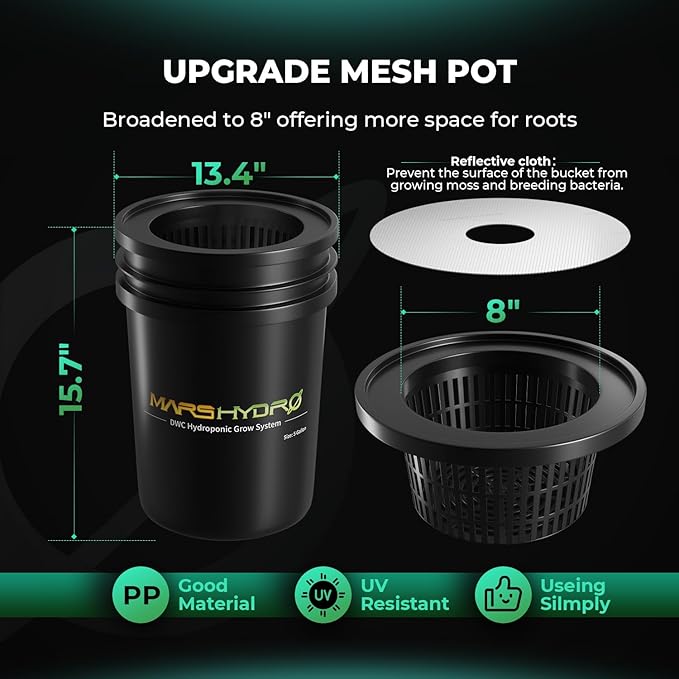 Mars Hydro DWC Hydroponics Grow System 5 Gallon Deep Water Culture with 8W Air Pump, Multi-Purpose Air Hose, Air Stone, 2 Buckets and Top Drip Kit