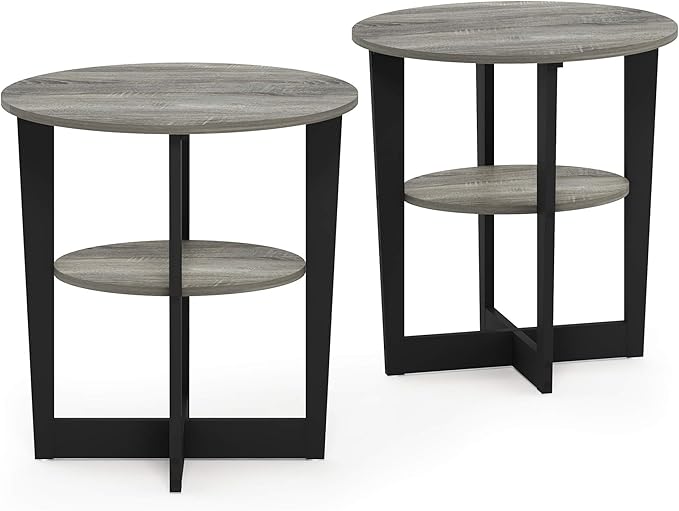 Furinno JAYA Oval End Side Night Stand/Bedside Table, 2-Pack, French Oak Grey/Black