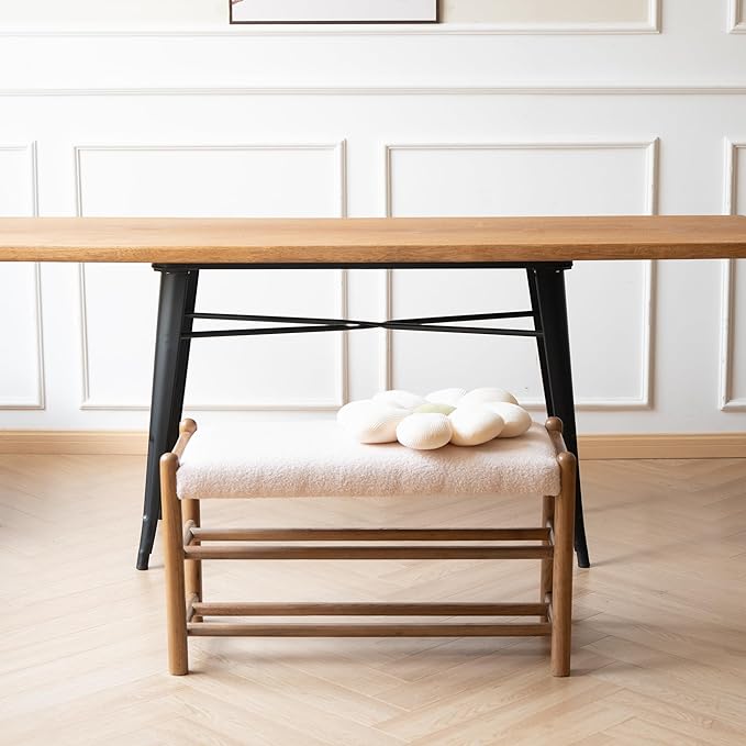 Solid Wood Entryway Bench with Shoe Storage, Rustic Oak Wood and Sherpa Fabric 31.5 Inch Long Seating for Living and Dining Rooms, 3-Tier White