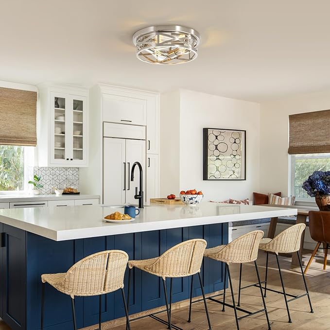 2 Pack Close to Ceiling Light Fixtures, 3-Lights Brushed Nickel Flush Mount Ceiling Light, 13 Inch Indoor Metal Cage Semi Flush Mount Ceiling Light for House Bedroom Laundry Hallway Kitchen