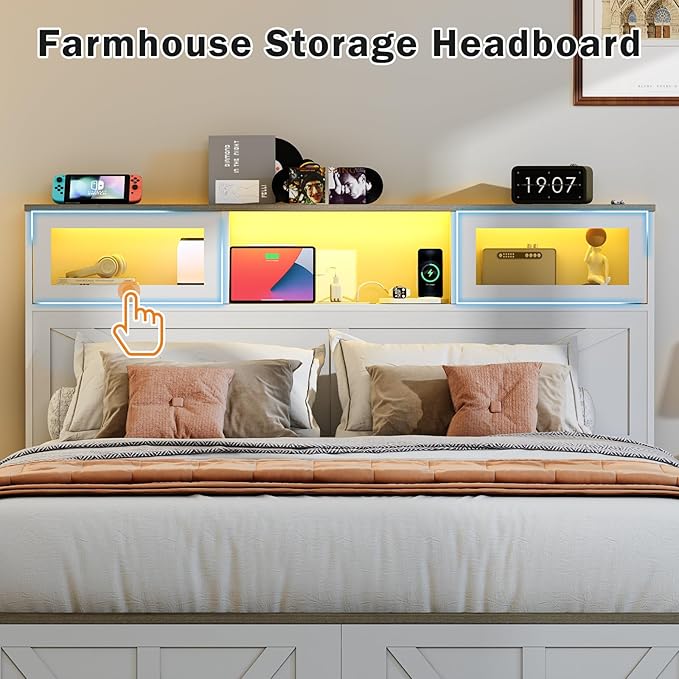 Yoobure Farmhouse Full Size Bed Frame with Headboard, Full Bed Frame with Charging Station & LED Lights, Platform Beds with 2 Storage Drawer, Wood Bedframe, Noise Free, No Box Spring Needed, White