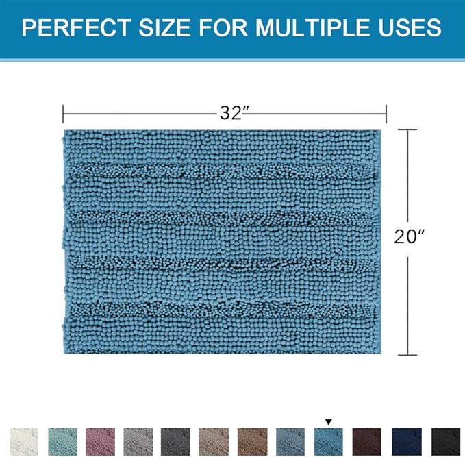 H.VERSAILTEX Bath Rugs for Bathroom Non Slip Bath Mats Extra Thick Chenille Striped Rug 20" x 32" Absorbent Non Skid Fluffy Soft Shaggy Washable Plush Mat for Indoor, Bath Room, Tub - Turquoise Blue