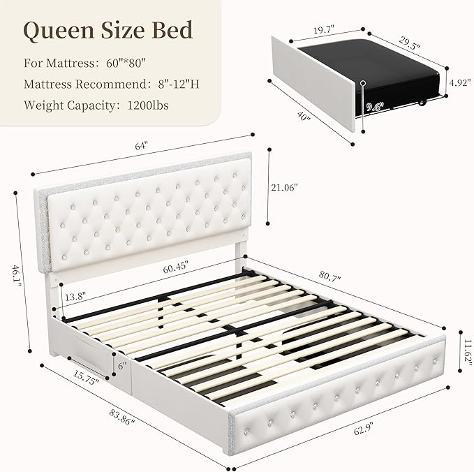 Queen LED Bed Frame with 2 Drawers, Storage Platform Beds with Upholstered Crystal Button Tufted Headboard Footboard, 2 Side Pockets, No Box Spring Needed, Velvet Cream