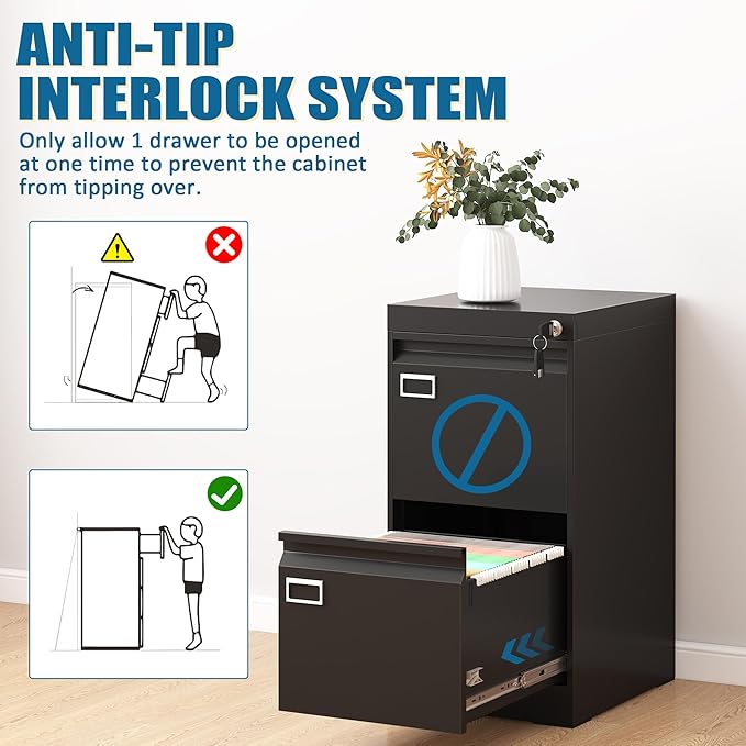 2 Drawer File Cabinet with Lock, Metal Small File Cabinet, Black Filing Cabinets for Home Office, Vertical File Cabinets Locked for A4/F4/Letter/Legal, Easy Assemble