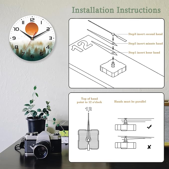 Wall Clock for Bathroom,Red Sun Wall Clocks Silent Non-Ticking Battery Operated Clock 10 Inch,Green Forest Wall Clocks Decorative for Living Room,Kitchen,Office