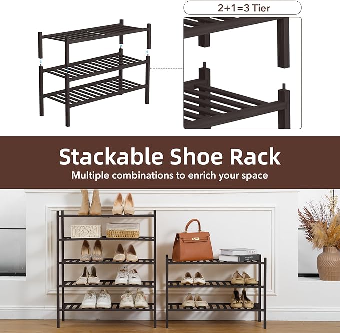 3 Tier Bamboo Shoe Rack Storage Organizer for Closet, Multifunctional Stackable Free Standing Shoe Shelf Organizer for Small Space,Entryway, Hallway, Bathroom27 x11 x20(Brown, 3 Tier)