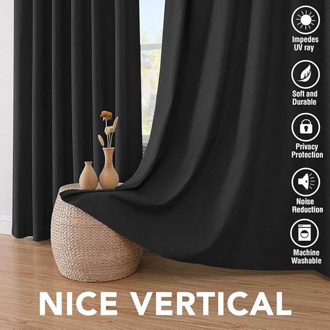 H.VERSAILTEX 100% Blackout Curtains for Bedroom Thermal Insulated Linen Textured Curtains Heat and Full Light Blocking Drapes Living Room Curtains 2 Panel Sets, Black, 52x45 Inch