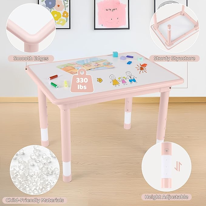 Kids Table and 4 Chairs Set, Height Adjustable (17.7"-26.1") Toddler Table and Chair Set, Multi-Activity Table with Graffiti Desktop, Children’s Table and Chairs for Classroom, Home & Daycare