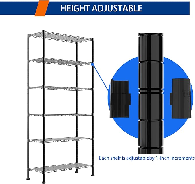 REGILLER 6-Wire Shelving Metal Storage Rack Adjustable Shelves,Standing Storage Shelf Units for Laundry Bathroom Kitchen Pantry Closet(Black,14.1" D x 30" W x 80" H)