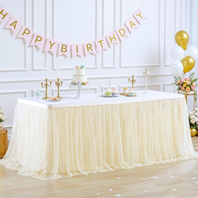 Suppromo 9ft Champagne Tulle Table Skirts for Rectangle Tables or Round Tables Champagne Tutu Table Cloth Cover for Wedding Birthday Party Baby Shower Dessert Cake Table Decor
