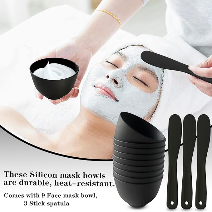 12Pcs Silicone Facial Mask Bowl DIY Face Mask Mixing Bowl for Home Salon Spa Face Skin Applicator Bowl with Stir Sticks, Black