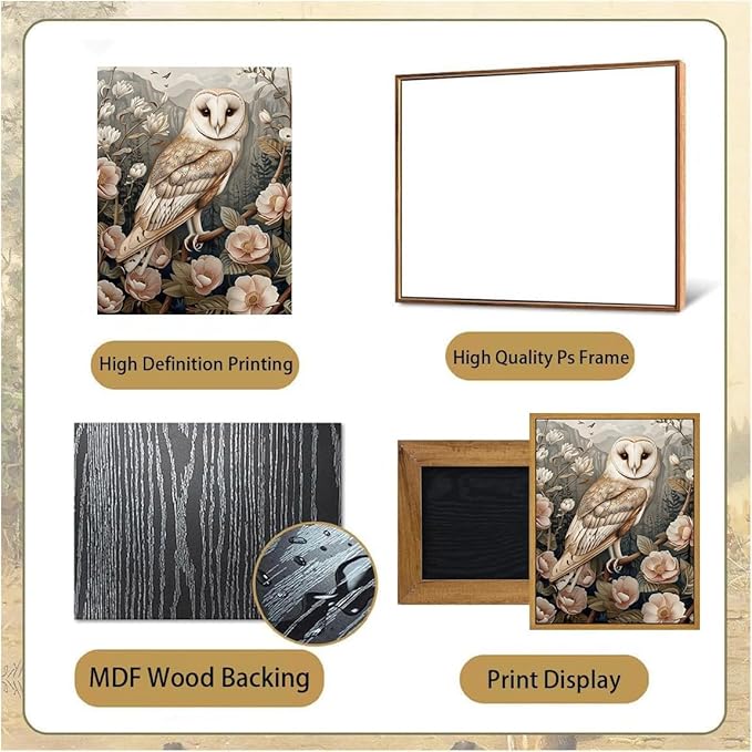 Djmwtb Vintage Framed Wall Art Floral Owl Canvas Wall Art Prints Flower Botanical Painting Nature Pictures Artwork for Bedroom Living Room 12x16in