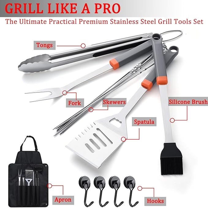 15-Piece Grill Set, BBQ Grilling Accessories with Tongs & Spatula, Stainless Steel Grill Utensils Set with Hooks & Storage Apron for Outdoor Cooking, Camping, Practical Gifts for Men Dad