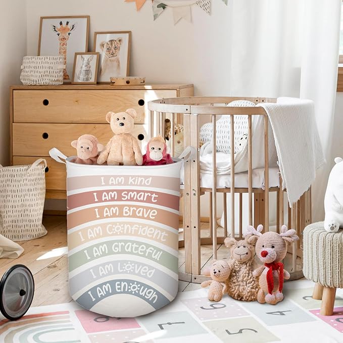 Boho Rainbow Laundry Basket, Positive Affirmations Inspirational Waterproof Collapsible Laundry Hamper Dirty Clothes Storage Toy Bin Organizer for Kids Room College Dorm Bedroom Bathroom