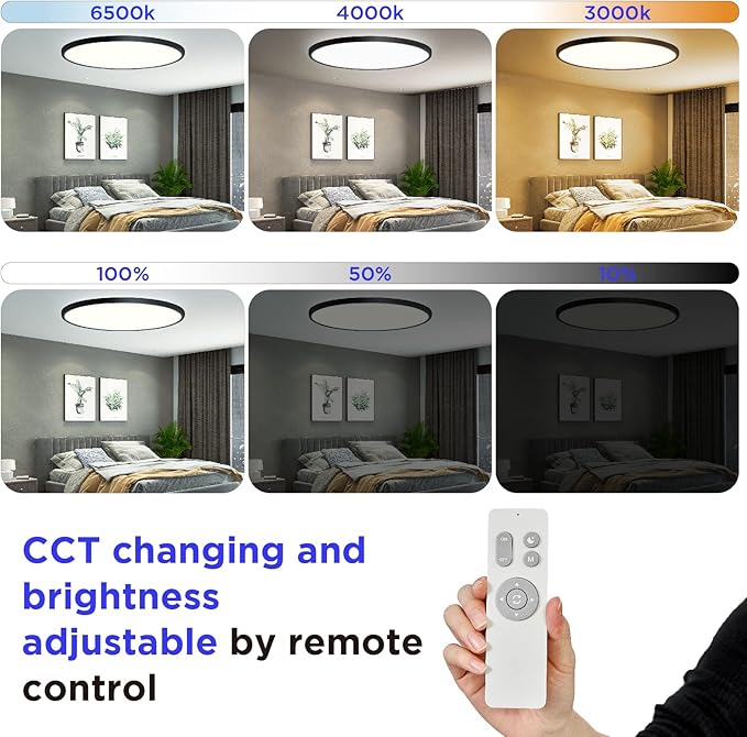 ocioc 18inch Ceiling Light with Remote Control, 40W LED Flush Mount Light Fixture with 2000K Backlight, 3000K-6500K Light Changing, Brightness Adjustable Close to Ceiling Lights Fixture Black