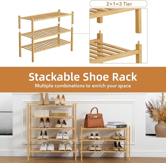 3 Tier Bamboo Shoe Rack Storage Organizer for Closet, Multifunctional Stackable Free Standing Shoe Shelf Organizer for Small Space,Entryway,Hallway,Bathroom 27"x11"x20" (Natural, 3 Tier)