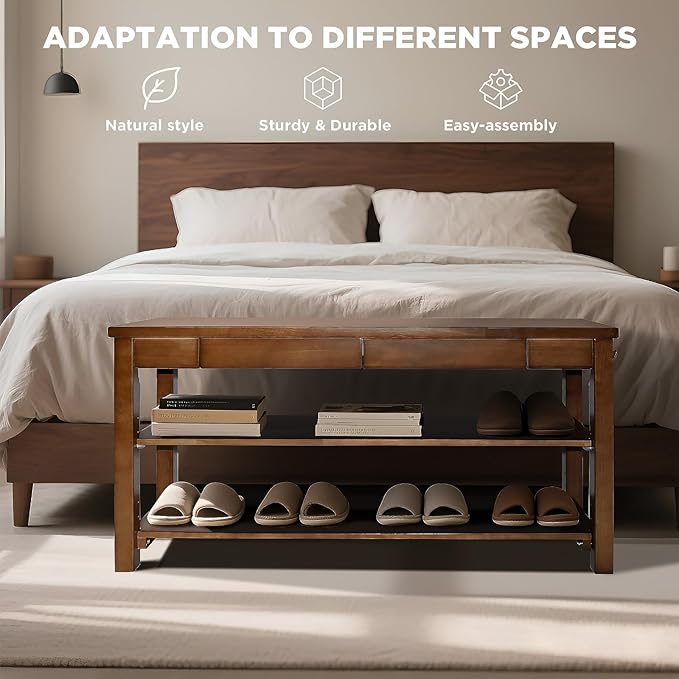 Wood Shoe Bench Entryway with Drawer: 2-Tiers Wooden Storage Shoe Rack with Bench Seat, Compact Mid-Century Modern Design for Entryway, Hallway, Closet, Front Door Entrance, Foyer 43.3" Walnut