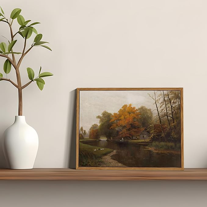 Floating Framed Canvas Wall Art Decor – Vintage Autumn by the Water Landscape Paintings Prints, Nature Countryside Pictures Wall Decor for Living Room Bedroom Office Decoration 8x10 inch