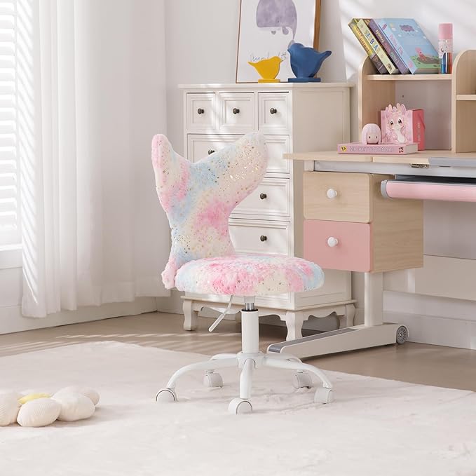Fuzzy Desk Chair, Cute Swivel Children Desk Chair with Wheels for Kids Bedroom Upholstered Rolling Study Chair Adjustable Computer Chair Mermaid Back Vanity Chair for Teen Girls Boys, Star Colorful
