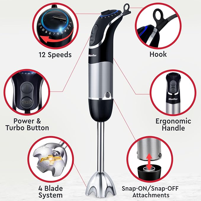 Mueller Multistick 800W 5-in-1 Immersion Blender Handheld, 12 Speed Hand Mixer - Turbo Boost, Heaviest Duty Copper Motor, Titanium Blades Hand Blender, Milk Frother Wand, Whisk, Kitchen Gadgets Black