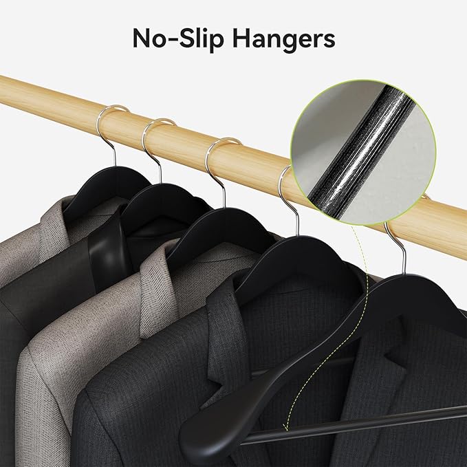 Solid Wood Suit Hangers, 6 Pack, Coat Hangers with Non Slip Trouser Bar, 360° Swivel Hook, Heavy Duty Wide for Suit, Coat, Jacket, Trousers, Pants,17.3" W x 9" H, Black AWY0406B