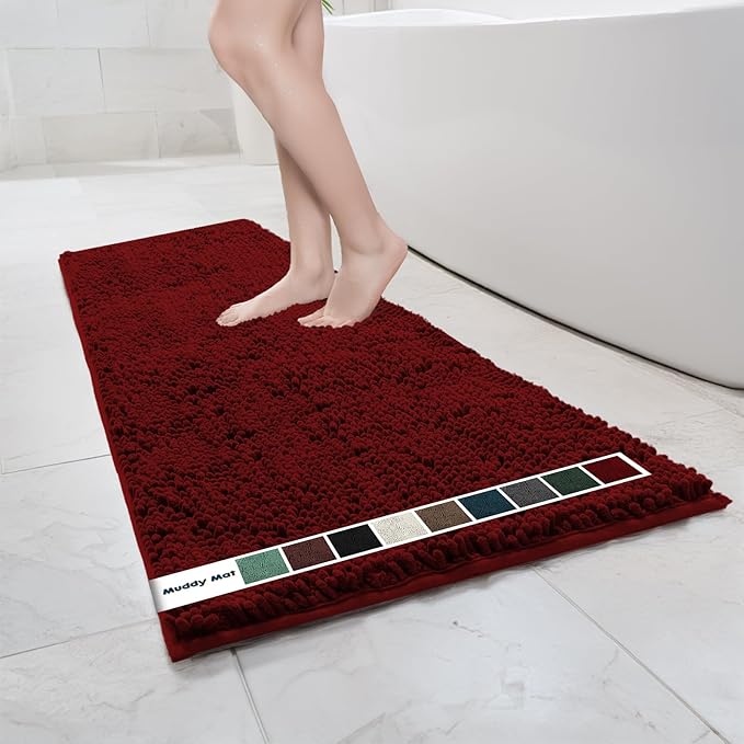 Muddy Mat Chenille Bathroom Rugs Quick Dry Microfiber Mats Non Slip Washable, Extra Thick, Soft and Highly Absorbent Bath Mats for Bathroom, Kitchen, and Shower Floor - Red Runner 59"X24"