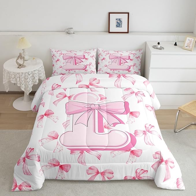 jejeloiu Kids Girls Cute Pink Bow Comforter Set Toddler Size Personalized Initial L Bedding Set Ultra Soft Monogrammed Duvet Quilt Coquette Bow Knot Quilt Set Room Decor Modern Fashion Comforter