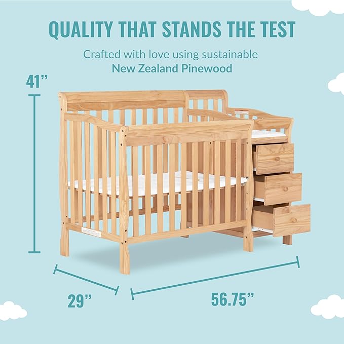 Dream On Me Jayden 4-in-1 Mini Convertible Crib And Changer in Natural, Greenguard Gold Certified, Non-Toxic Finish, New Zealand Pinewood, 1" Mattress Pad
