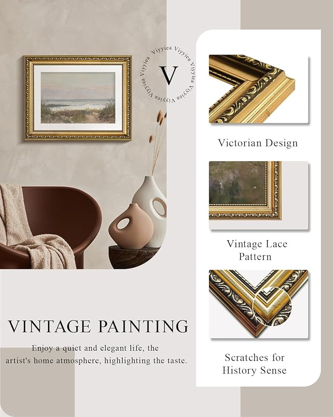 VIYYIEA Gold Framed Wall Art Canvas Print Home Decor Classical Coastal Scenery Bathroom Pictures Wall Decorations Farmhouse Wall art Room Decor Kitchen Office Bathroom Art Prints Wall Decor 11x14in