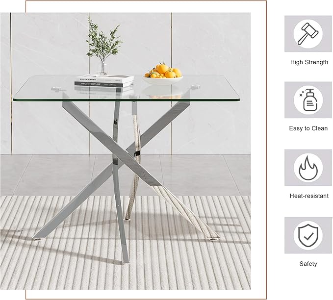 Goujxcy Glass Dining Table Set for 4, Modern Kitchen Table and Chairs Set of 4, 5-Piece Kitchen Dining Room Table Set w/36 Square Silver Glass Dining Table and 4 Grey Velvet Upholstered Chairs