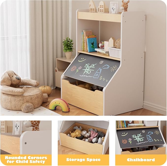 KORIMEFA 37.4" Tall Toy Box & Chalkboard Lid Wood Toddler Bookcase and Kid Toy Storage Bin & Organizer, White