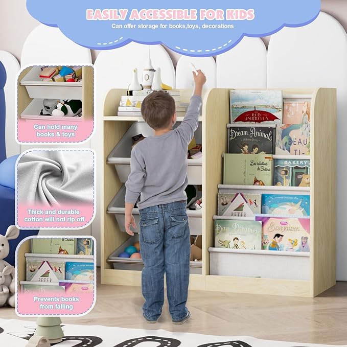 Natural Kids Wood Bookshelf Toy Storage Box Organizer Shelf W/4 Removable Plastic Toy Bins Children Bookcase Toddler Baby Sling Book Rack Cabinet Chest Girl Boy Gift Playroom Classroom Bedroom Nursery