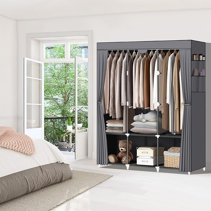 LOKEME Portable Closet, Wardrobe Closet with 3 Hanging Rods and 6 Storage Shelves and 4 Side Pockets, Gray Portable Closets for Hanging Clothes Easy to Assemble and Strong and Stable