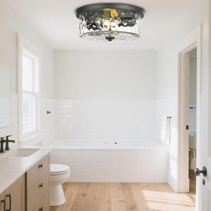 Modern Flush Mount Light, Farmhouse Close to Ceiling Lighting, Hammered Glass Light for Bedroom, Living Room, Kitchen Island (Black, 13" D)