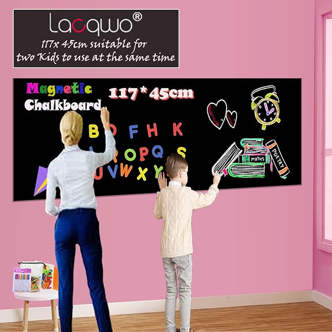 Magnetic Chalkboard Contact Paper for Wall 46.3"x18" Self Adhesive Magnetic Wall Board Sticker with 36 Magnet Letters for Kids Black Chalk Board Wallpaper Roll