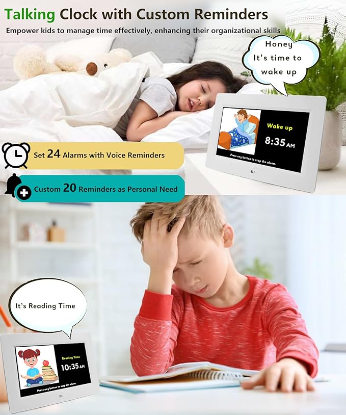 MASSII 2025 Digital Teaching Clock Talking Time, 24 Alarms Custom Reminders, Checklist to-Do List, Auto DST & Calendar Display, Sleep Trainer, Easy to Use for Kids Birthday Gift- White with Remote