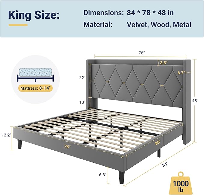 Allewie Velvet King Size Upholstered Bed Frame with Wingback Storage Headboard & Charging Station, Platform Bed with Diamond Tufted Design & Gold Trim, No Box Spring Needed, Easy Assembly, Grey