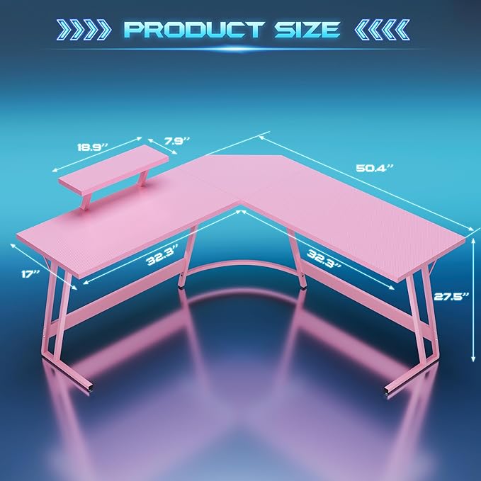 Homall Pink L Shaped Gaming Desk Computer Corner PC Desk Table with Large Monitor Stand for Home Office Studying Writing Workstation, Gift for Girls and Women (Pink, 51 Inch)