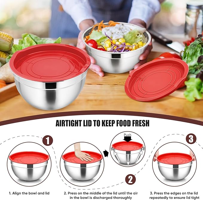 P&P CHEF Red Mixing Bowls with Lids, Set of 3, Stainless Steel Salad Nesting Bowl for Mixing, Storing, Prepping, Airtight & Stackable, Size 4.6/3 /1.5 QT