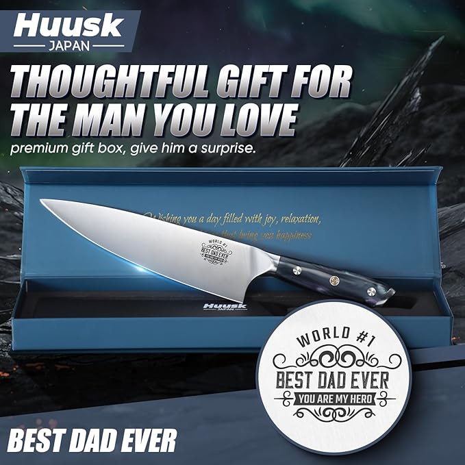 Huusk Father's Day Gifts for Dad, 8" Chef Knife for Kitchen, Gift for Father's Day, Best Dad Ever Gift, Stainless Kitchen Knife with Resin Handle, Full Tang Cooking Knives, Gifts Box